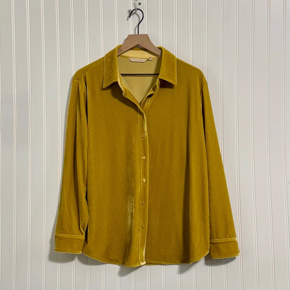 Soft Surroundings Womens PL Mustard Velvet Button Up Blouse Goldenrod Petite L